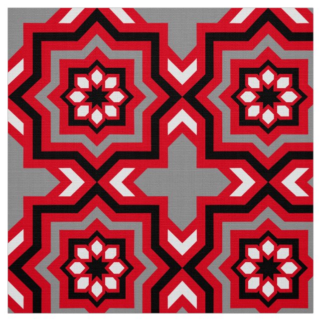 Moroccan Tile, Red, Grey / Grey, Black and White Fabric (Swatch)