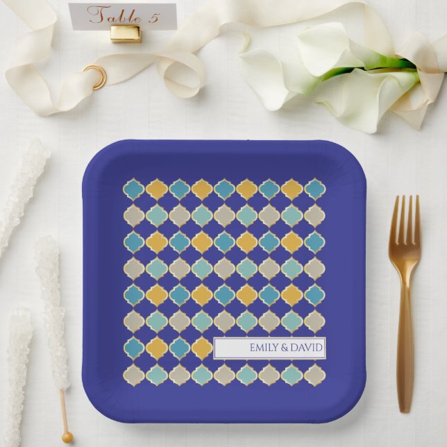 Moroccan Tile Royal Blue Golden Arab Wedding Paper Plate (Wedding)