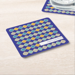 Moroccan Tile Royal Blue Golden Wedding Square Paper Coaster