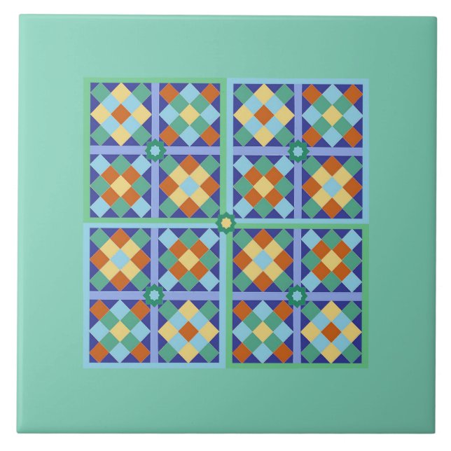 Moroccan tile square in blue teal gold terracotta (Front)