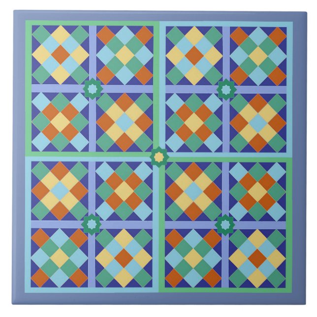 Moroccan tile square in blue teal gold terracotta (Front)