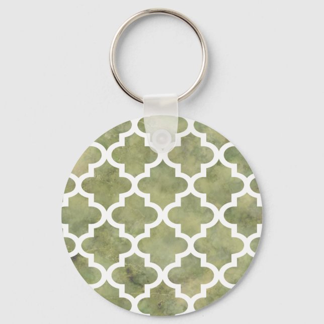 Moroccan Tile Trellis Patterm on Moss Green Marble Key Ring (Front)