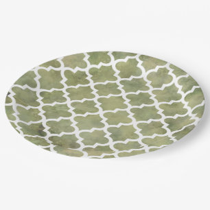 Moroccan Tile Trellis Patterm on Moss Green Marble Paper Plate