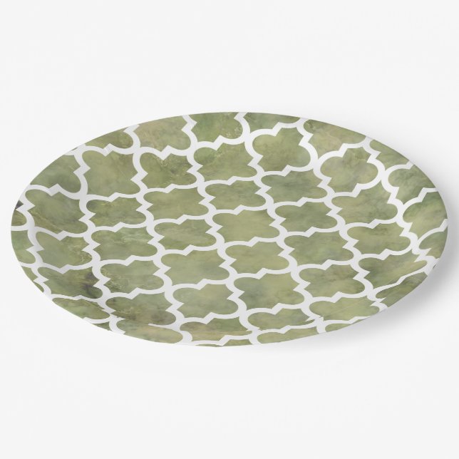 Moroccan Tile Trellis Patterm on Moss Green Marble Paper Plate (Angled)
