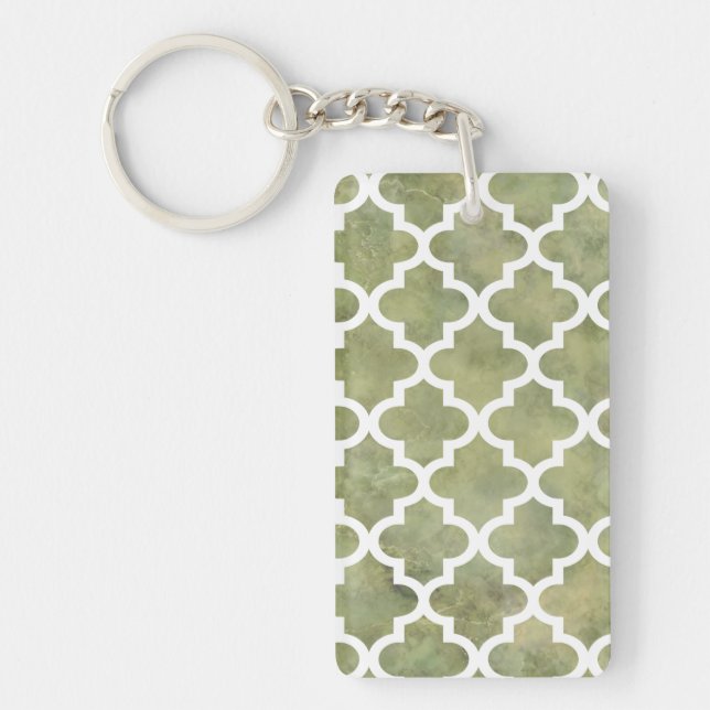 Moroccan Tile Trellis Pattern on Moss Green Marble Key Ring (Front)