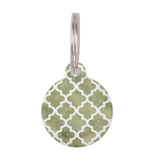 Moroccan Tile Trellis Pattern on Moss Green Marble Pet Tag