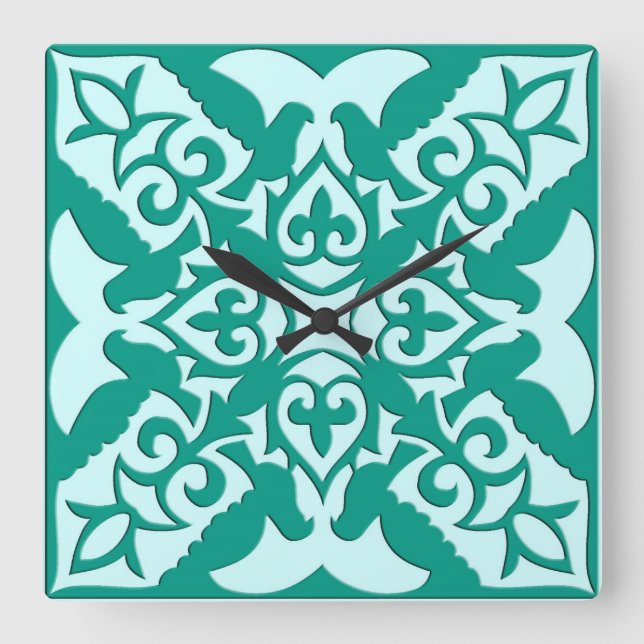 Moroccan tile - turquoise and aqua square wall clock (Front)