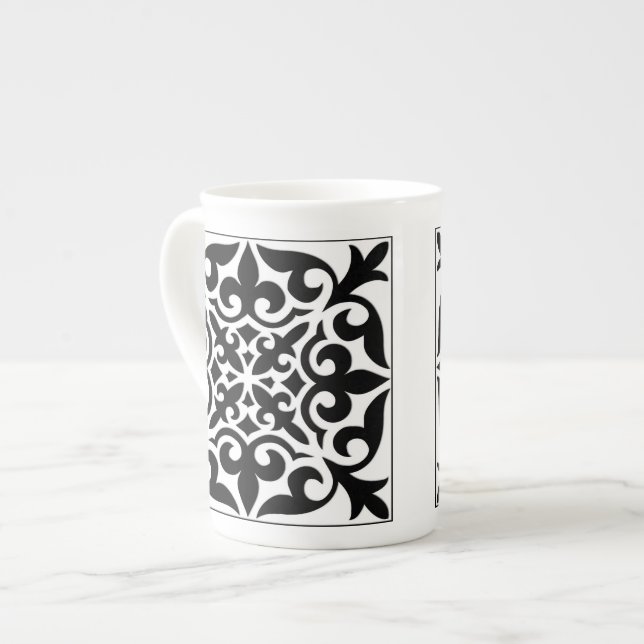 Moroccan tile - white with black background bone china mug (Front Left)