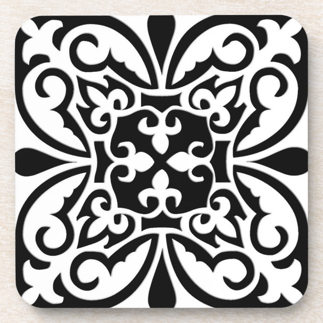 Moroccan tile - white with black background coaster (Front)