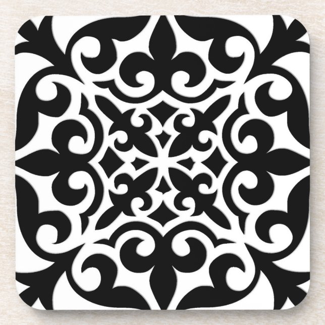 Moroccan tile - white with black background coaster (Front)