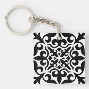 Moroccan tile - white with black background key ring
