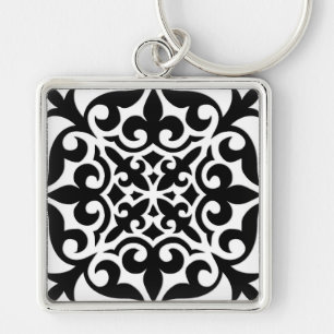 Moroccan tile - white with black background key ring