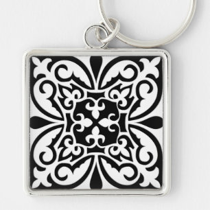 Moroccan tile - white with black background key ring
