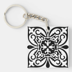 Moroccan tile - white with black background key ring