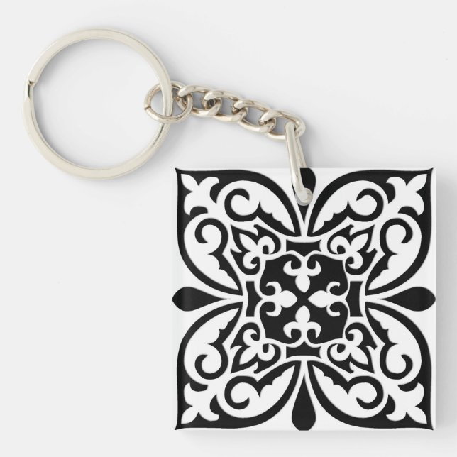 Moroccan tile - white with black background key ring (Front)
