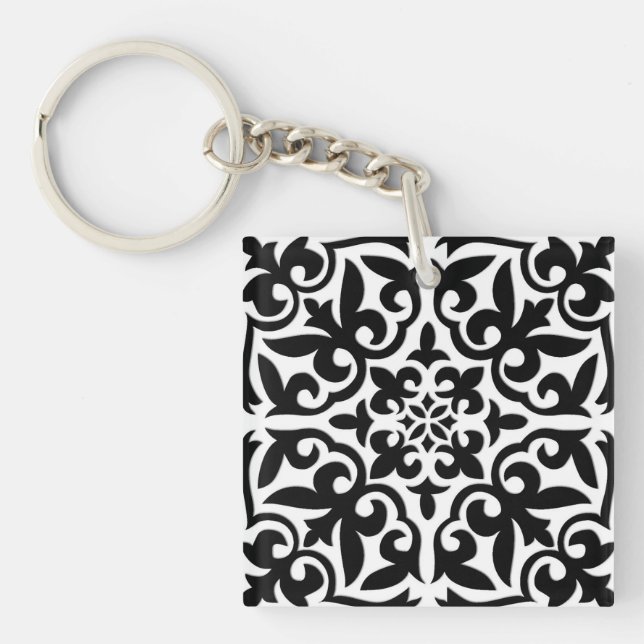 Moroccan tile - white with black background key ring (Front)