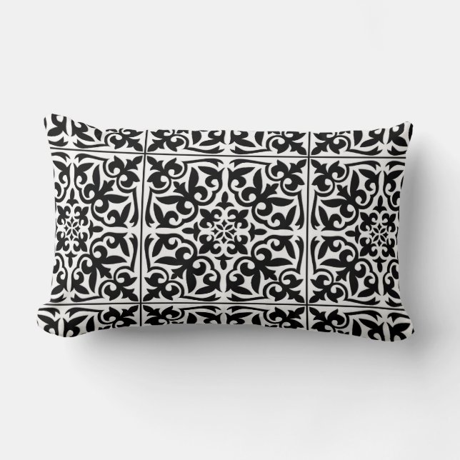 Moroccan tile - white with black background lumbar cushion (Front)
