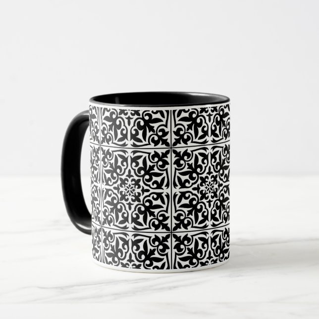 Moroccan tile, white with black background mug (Front Left)