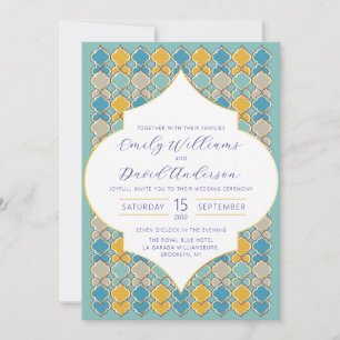 Moroccan Tiles Blue Golden QR Code Invitation