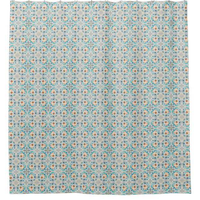 Moroccan Tiles Blue & Rust & Beige bath Shower Curtain (Front)