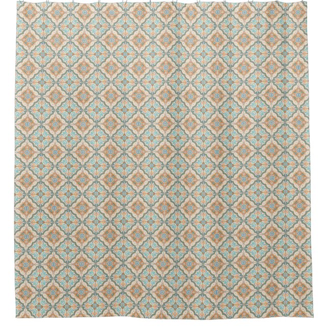 Moroccan Tiles Blue & Taupe & Beige bath Shower Curtain (Front)