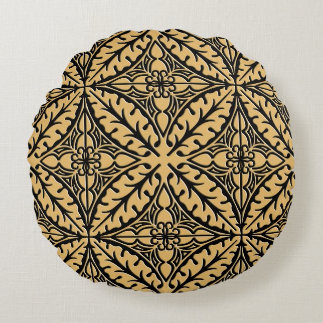 Moroccan tiles - camel tan and black round cushion (Front)