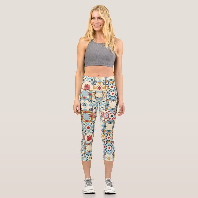 Moroccan tiles, colourful seamless pattern. capri leggings (Front)