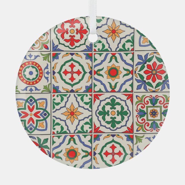 Moroccan Tiles: Colourful Seamless Pattern. Glass Tree Decoration (Front)