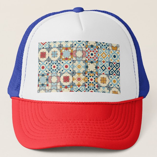 Moroccan tiles, colourful seamless pattern. trucker hat (Front)