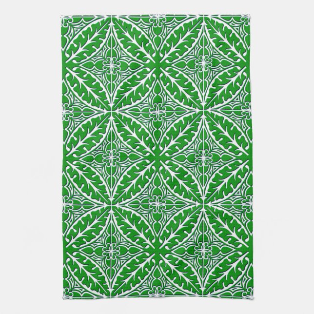 Moroccan tiles - emerald green and white tea towel (Vertical)