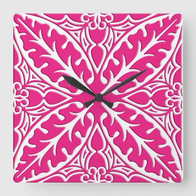Moroccan tiles - fuchsia pink and white square wall clock (Front)