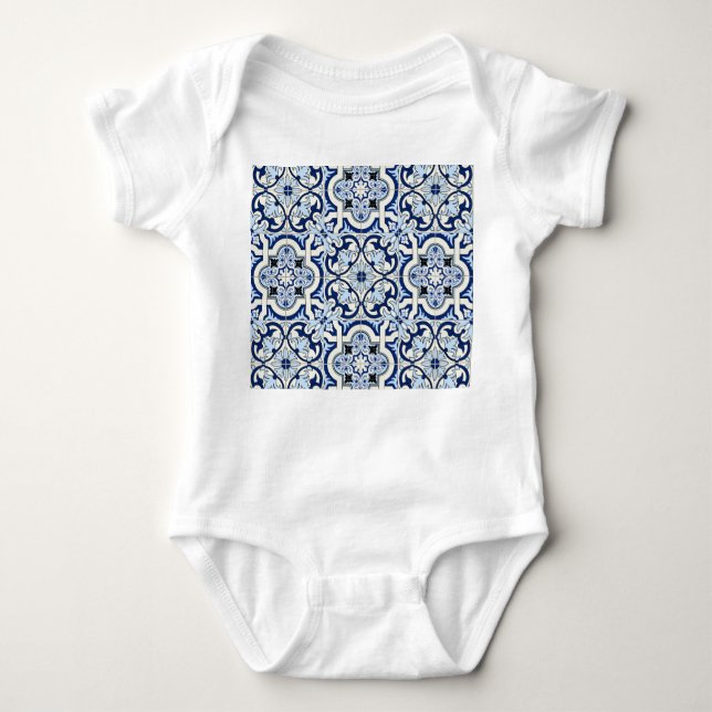 Moroccan Tiles: Gorgeous Blue Patterns. Baby Bodysuit (Front)