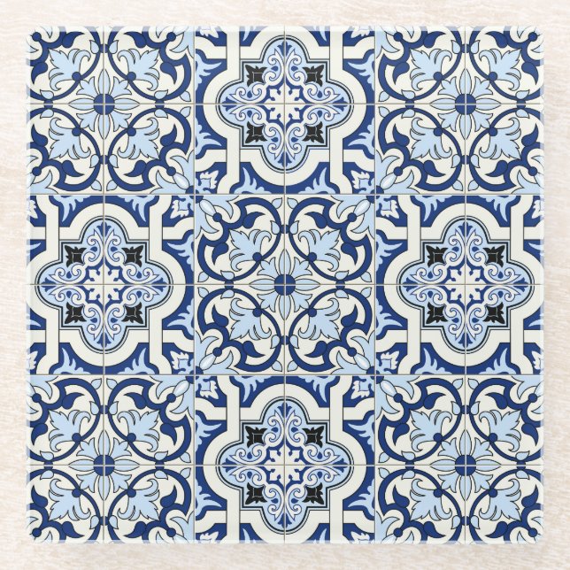 Moroccan Tiles: Gorgeous Blue Patterns. Glass Coaster (Front)