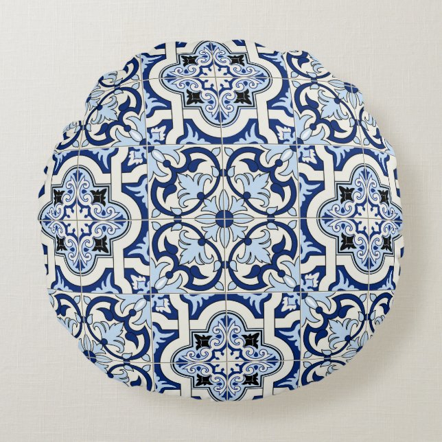 Moroccan Tiles: Gorgeous Blue Patterns. Round Cushion (Front)