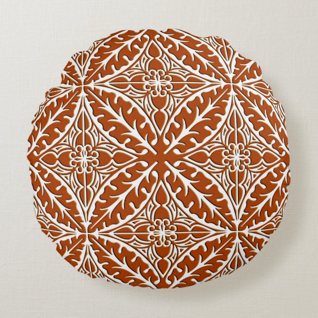 Moroccan tiles - rust brown and white round cushion (Front)
