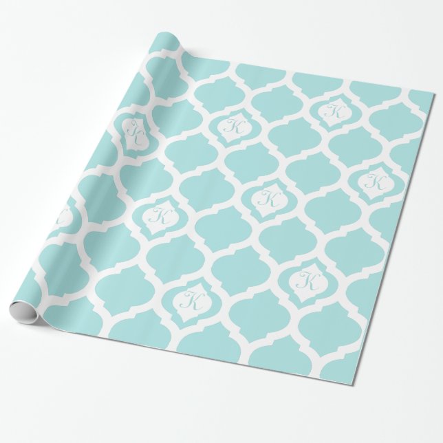 Moroccan trellis aqua teal and white monogram wrap wrapping paper (Unrolled)