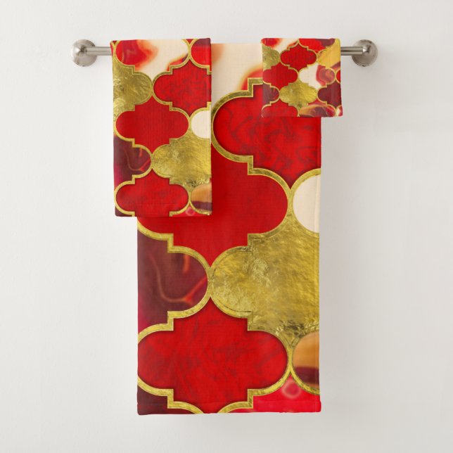 Moroccan trellis Reds and Gold Bath Towel Set (Insitu)