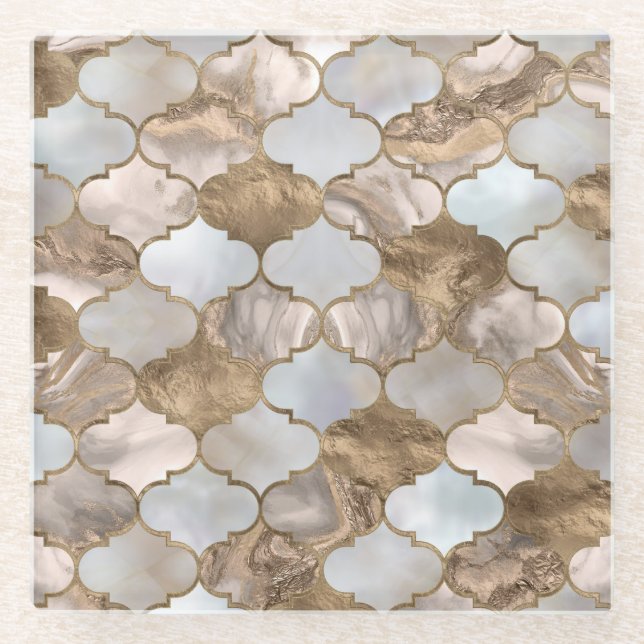 Moroccan trellis White marble and gold Glass Coaster (Front)