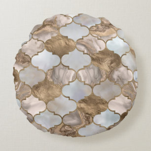 Moroccan trellis White marble and gold Round Cushion