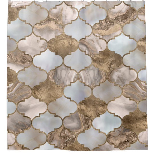 Moroccan trellis White marble and gold Shower Curtain (Front)