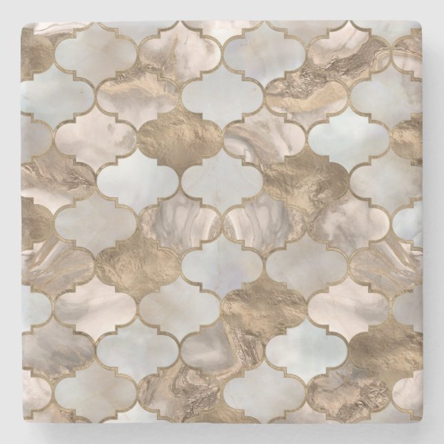 Moroccan trellis White marble and gold Stone Coaster (Front)