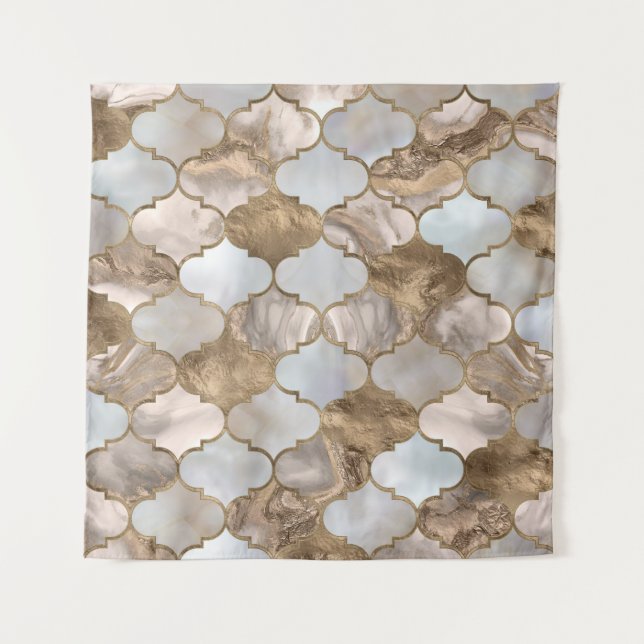 Moroccan trellis White marble and gold Tapestry (Front)