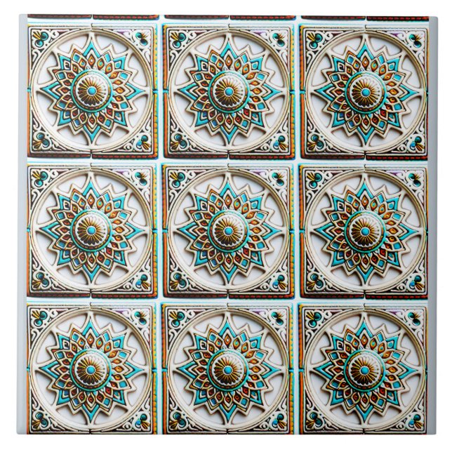 Moroccan Turquoise Mandala Inspired Ceramic Tile (Front)