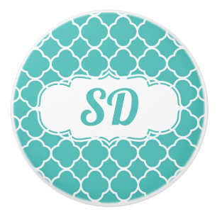 Moroccan Turquoise Quatrefoil Pattern Monogram Ceramic Knob