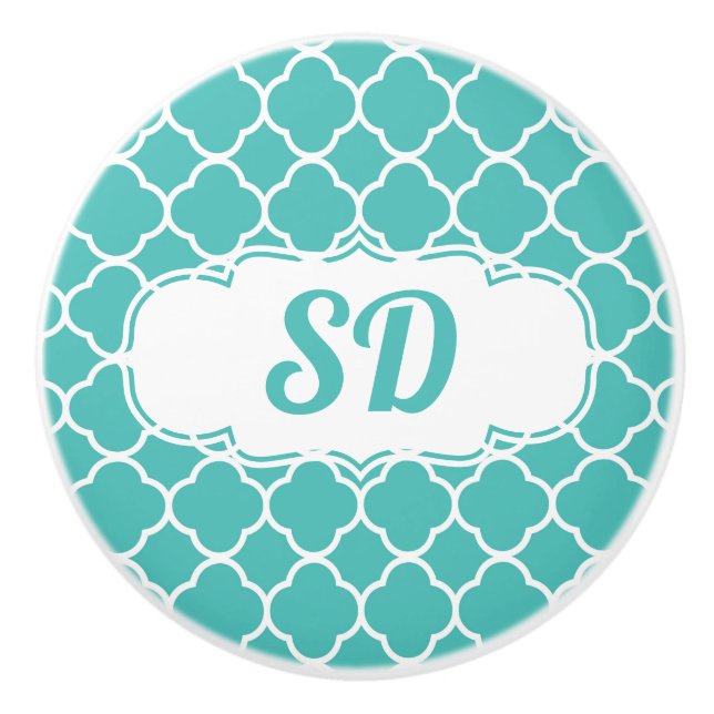 Moroccan Turquoise Quatrefoil Pattern Monogram Ceramic Knob (Front)