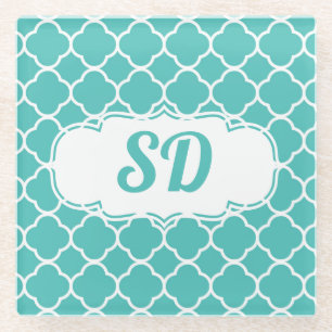 Moroccan Turquoise Quatrefoil Pattern Monogram Glass Coaster