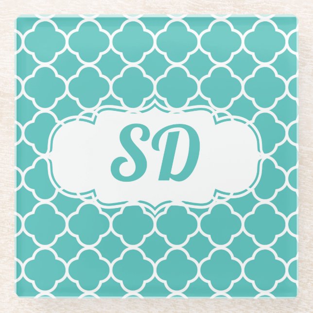 Moroccan Turquoise Quatrefoil Pattern Monogram Glass Coaster (Front)