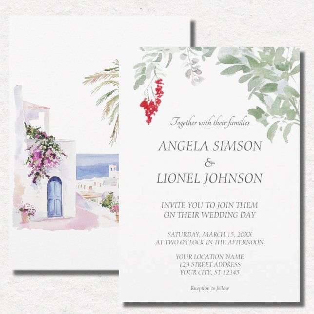 Moroccan Village Bougainvillea Watercolor Wedding Invitation (Creator Uploaded)
