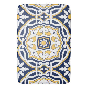 Moroccan vivid blue yellow intricate geometric bath mat