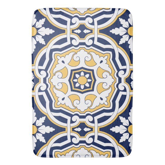 Moroccan vivid blue yellow intricate geometric bath mat (Front Vertical)